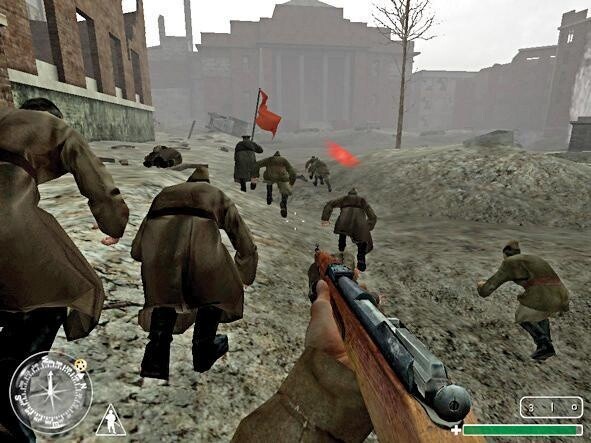 Die Stürmung des Roten Platzes von Stalingrad - zu Beginn ohne Waffe. Gegen das deutsche Dauerfeuer hilft anfangs nur Glück, später außerdem ein Scharfschützengewehr.
