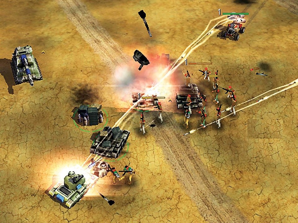 Gefecht in der Wüste: Der aufgebrachte Mob der GBA ist die stärkste Infanterie-Einheit im Spiel. Aus dem Hintergrund feuern Raketenbuggys.