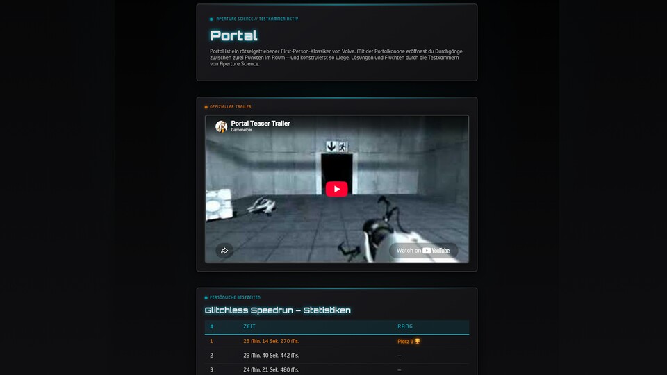Um auch statische Seiten mit einfachen Prompts zu testen, habe ich mir eine Website für meine Portal-Speedrun-Statistiken erstellen lassen. Hier ein Ausschnitt der Seite. (Bildquelle: GameStar Tech Aaron Hofmann)