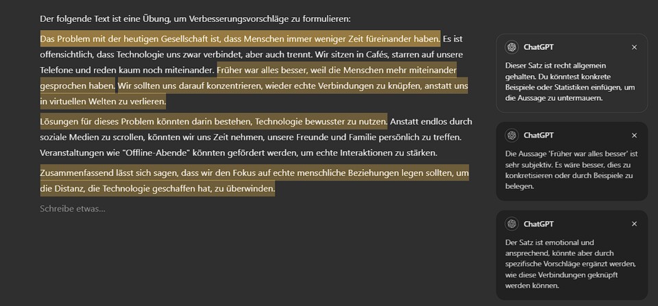 ChatGPT im Canvas-Modus kann Abschnitte markieren und auf Verbesserungsvorschläge anzeigen, die aufleuchten, wenn man mit der Maus über den entsprechenden Textabschnitt fährt.