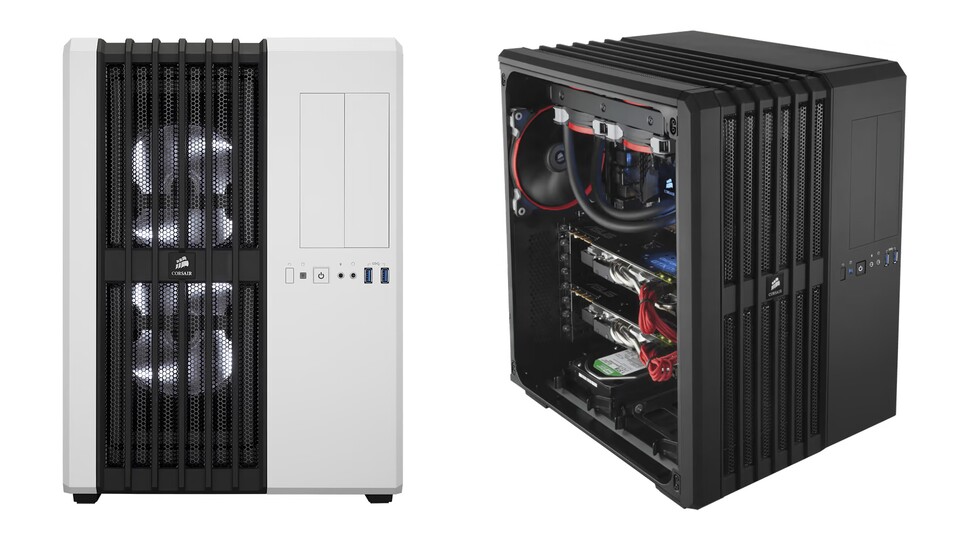 An der Frontseite des Carbide 540 Air befindet sich eine Mesh-Platte. Hinter dieser Platte befinden sich direkt der Filter und anschließend zwei Lüfter. (Bild: Corsair)