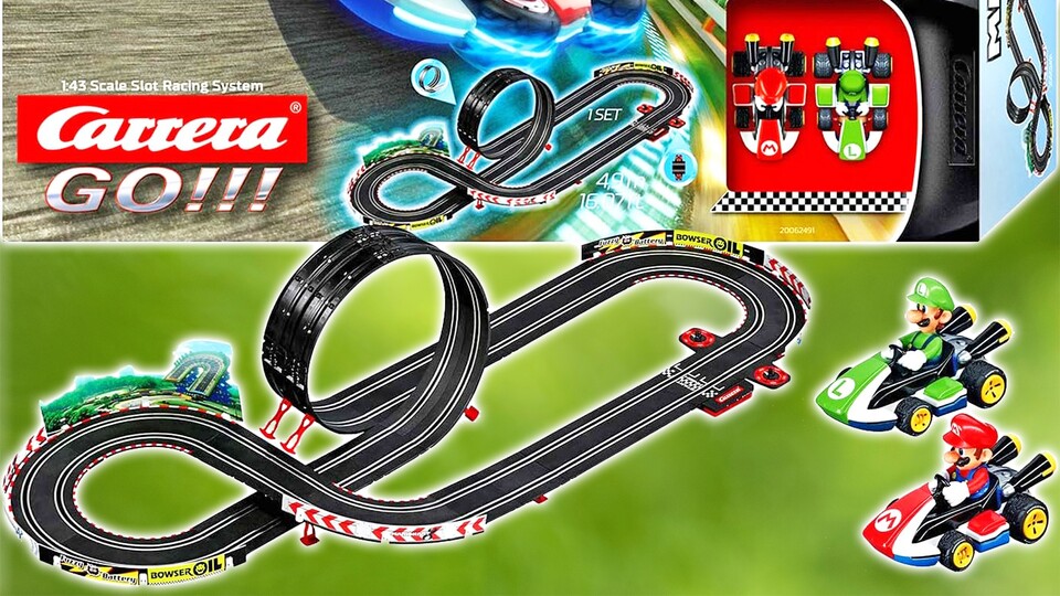 Wie der Mario Circuit aus Mario Kart 8. Neben Mario und Luigi gibt es reichlich Deko, wie Bowser Oil.