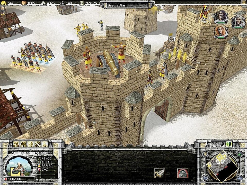 Turm-Kanonen und Armbrust-Schützen auf den Zinnen verteidigen die Festung.