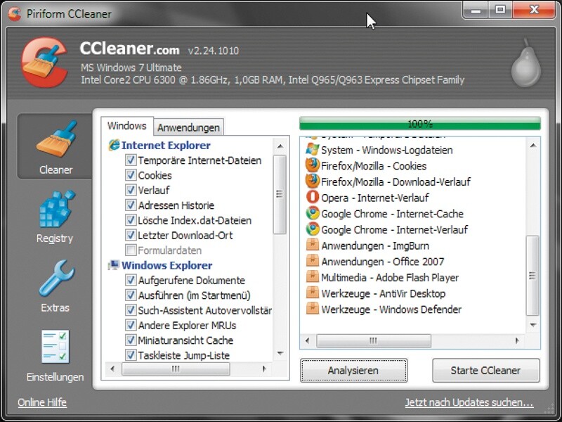 System reinigen: Das Tool Ccleaner beseitigt mit nur einem Klick Datenrückstände von Windows und Software, und repariert außerdem die Registry.