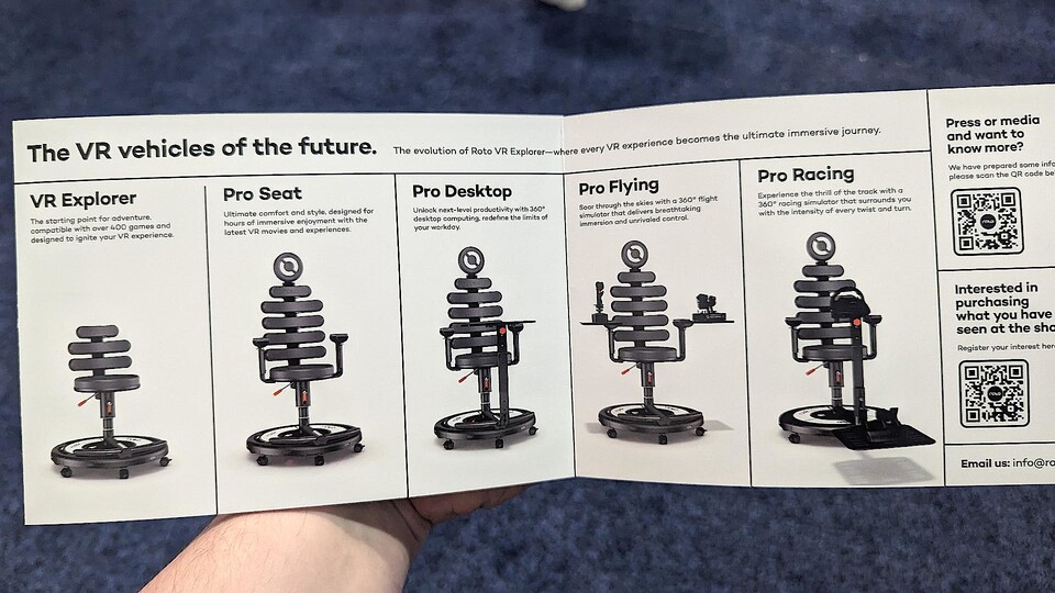 Links seht ihr die bereits verfügbare Standardvariante des Roto VR Explorer, rechts bald kommende Erweiterungen, die nochmal mit Preisen zwischen 120 und knapp 370 Euro zu Buche schlagen.