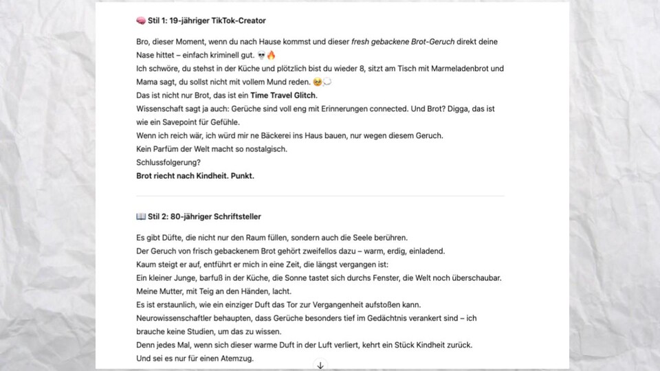 GPT-4 erfüllt die Kriterien, aber gestaltet den Text etwas stockend. Viele Formulierungen sind jedoch identisch mit GPT-5.