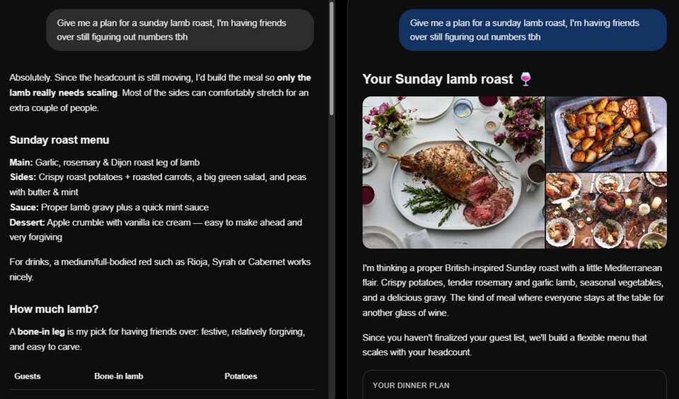 Links seht ihr den alten Stil, bevor GPT-6. OpenAI nennt den neuen Visualisierungsstil von ChatGPT übrigens »Intelligent UI« (Intelligente Buntzeroberfläche).