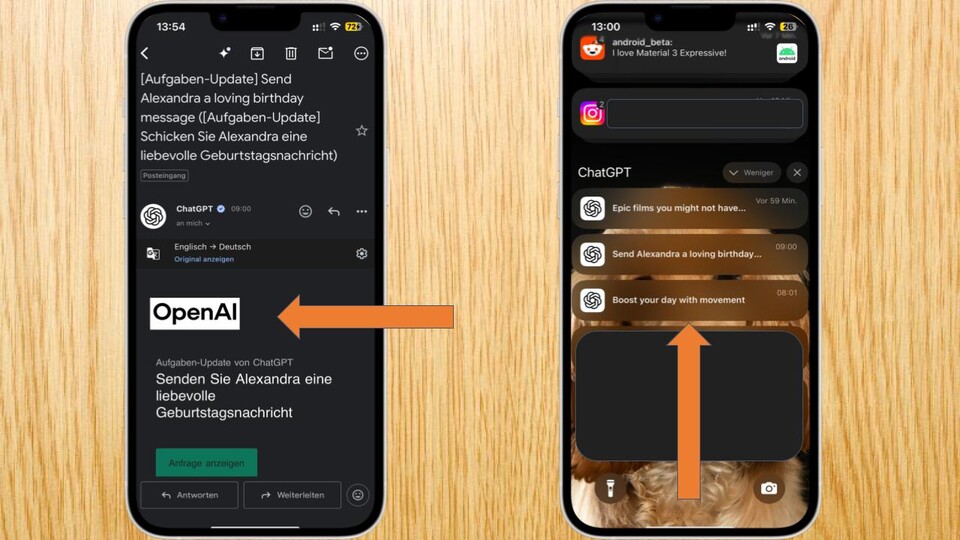 Wenn ihr die Aufgaben aktiviert habt, bekommt ihr sie via Mail oder Push-Notification. Beide Alerts dienen dazu, euch zurück zu ChatGPT zu leiten, daher ist die Preview sehr minimal.
