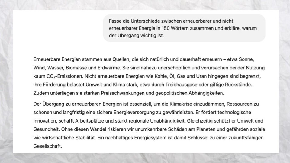 ChatGPT: Hier liefert die Antwort keine Quellen, aber scheint sich leidenschaftlicher für den Schutz des Klimas auszusprechen.