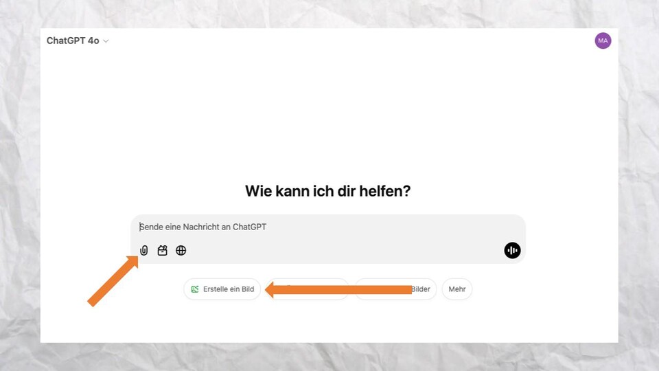 Wenn ihr ChatGPT Plus nutzt, könnt ihr Bilder über das Startfenster mit einem Klick auf die Büroklammer hochladen. ChatGPT schlägt euch auch direkt vor, ein Bild zu erstellen.