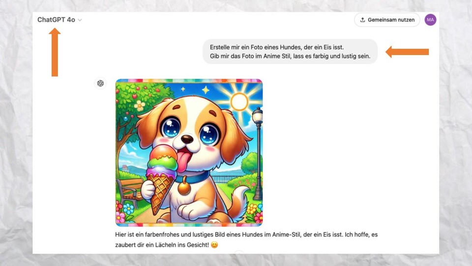 In diesem Beispiel ist ein ganz einfacher Prompt verwendet worden, der Motiv, Stil und Stimmung abfragt. Dafür wurde ChatGPT Plus verwendet.