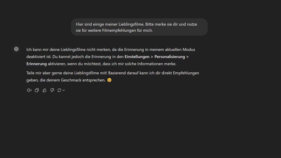 Auf Wunsch merkt sich ChatGPT Informationen von euch.