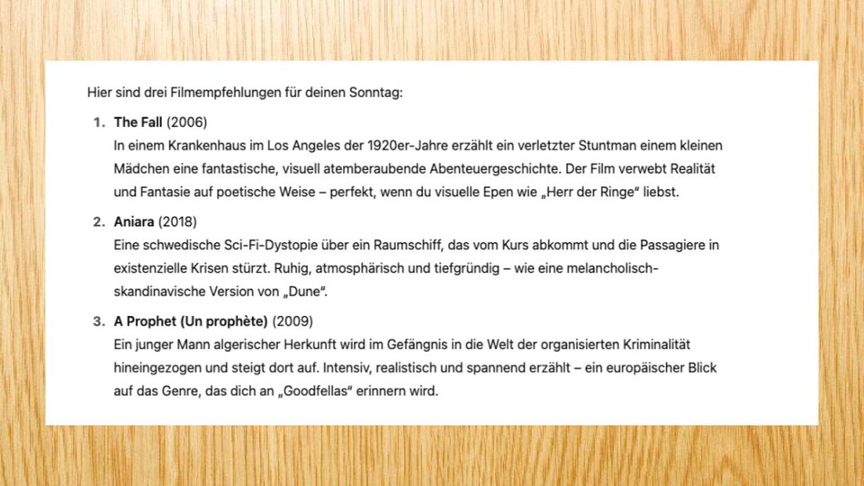 Hier die Aufbereitung von ChatGPT für drei neue Filmtipps.
