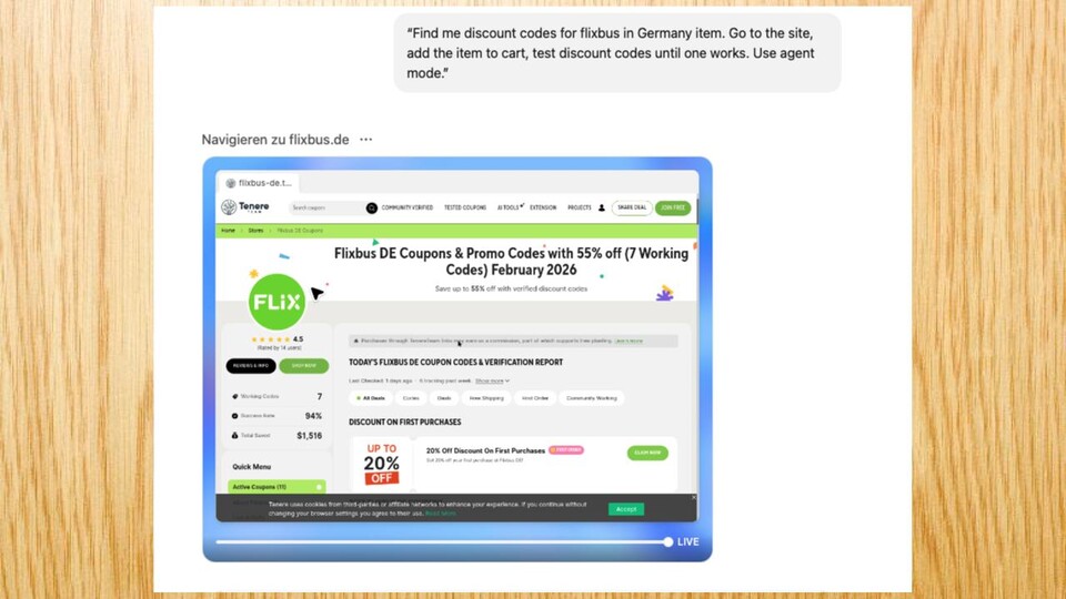 Flixbus hat oft Aktionen bei denen man ein paar Prozent des Ticketpreises sparen kann. Ich wollte schauen, ob ChatGPT öffentliche Codes finden kann.