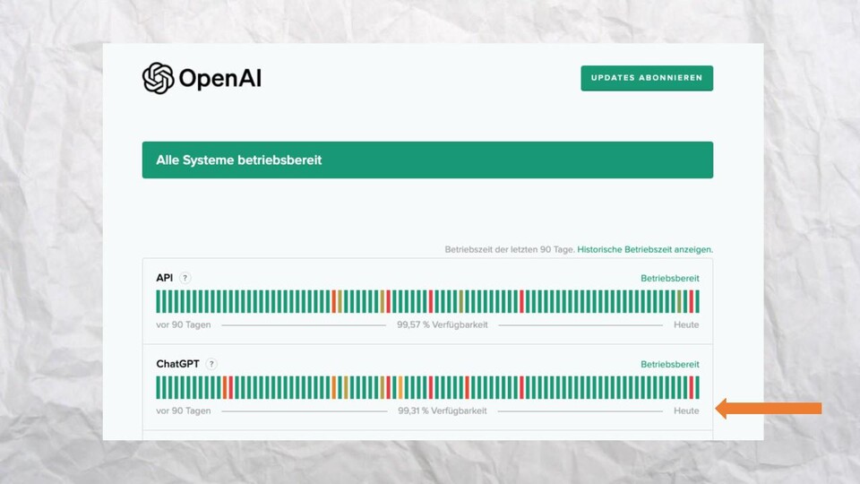 Sollte bei euch alles einwandfrei funktionieren, kann es auch sein, dass ChatGPT selbst Probleme hat. Über Seiten wie diese könnt ihr prüfen, ob alles reibungslos funktioniert.