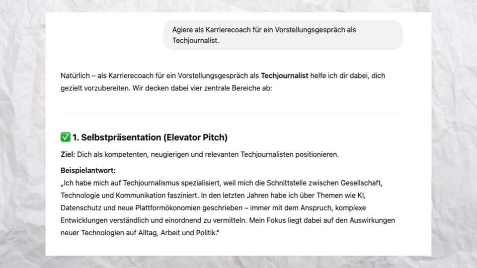 ChatGPT: Der Karrierecoach ist Hands-on und stellt wichtige Fragen. Er bietet mir auch direkt an, meinen Lebenslauf prüfen zu lassen.