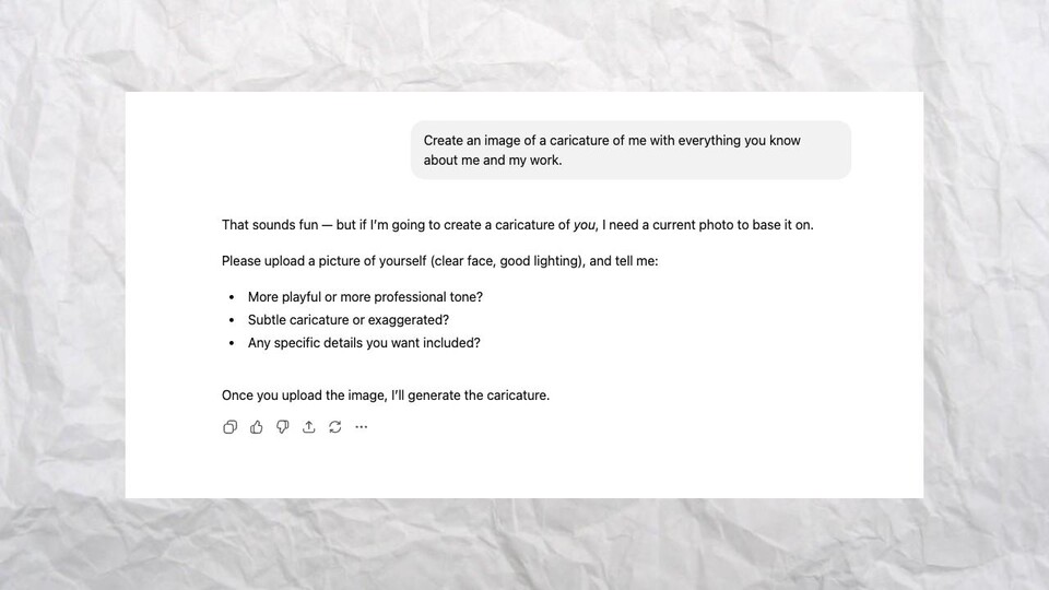 Ich habe ChatGPT den Basis-Prompt gegeben, aber es fragte nochmals nach einem Foto, das ich mithochladen müsste. Um präzise zu sein, fragt mich das Tool aber direkt nach mehr Input.