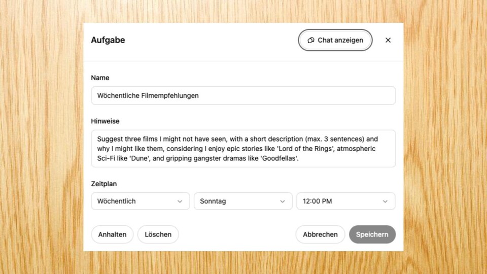 Aufgaben, die ihr einmal bei ChatGPT eingefügt habt, könnt ihr nachträglich auch noch bearbeiten oder auch pausieren.