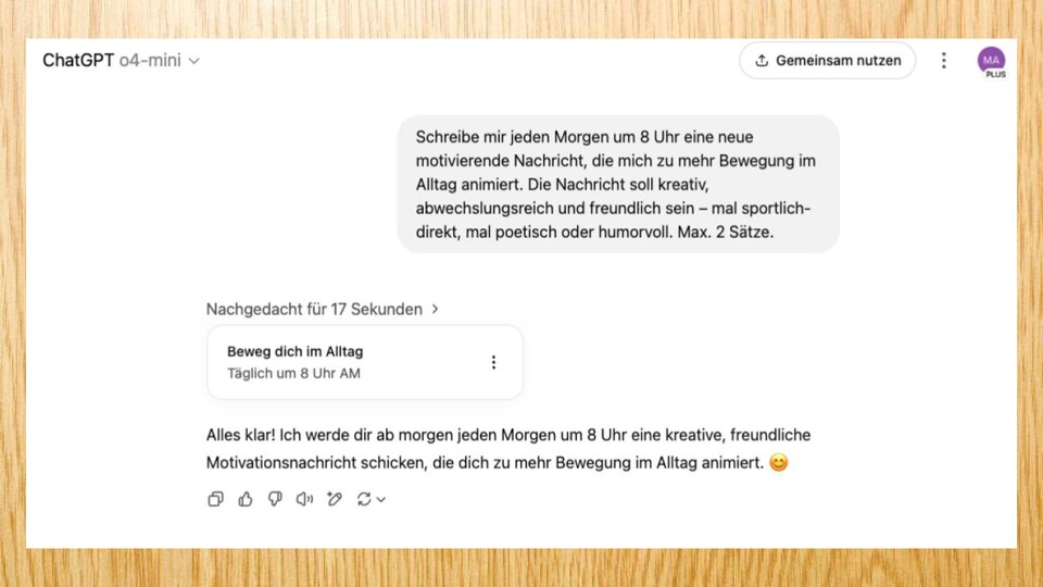 Habt ihr die Aufgabe bei ChatGPT eingegeben, wird sie euch als Button angezeigt und bestätigt.