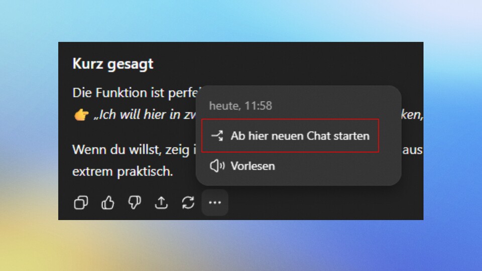 Ihr seht das kleine Kontextmenü, das erscheint, wenn ihr auf das Dreipunktmenü unter jeder Antwort von ChatGPT drückt.
