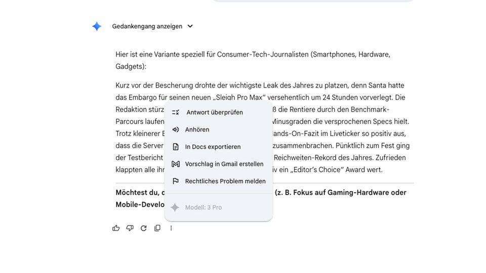 Nur einer von vielen Beispielen der nahtlosen Integration von Gemini in die Google-Suit: Ich kann in Gemini erstellte Texte direkt in Google Docs exportieren.