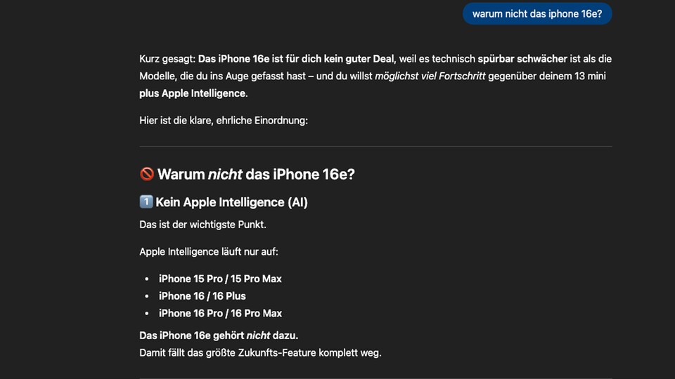Dass das iPhone 16e kein Apple Intelligenced beherrscht, ist falsch – ChatGPT halluziniert. Für einen Shopping-Assistenten eine denkbar schlechte Basis.