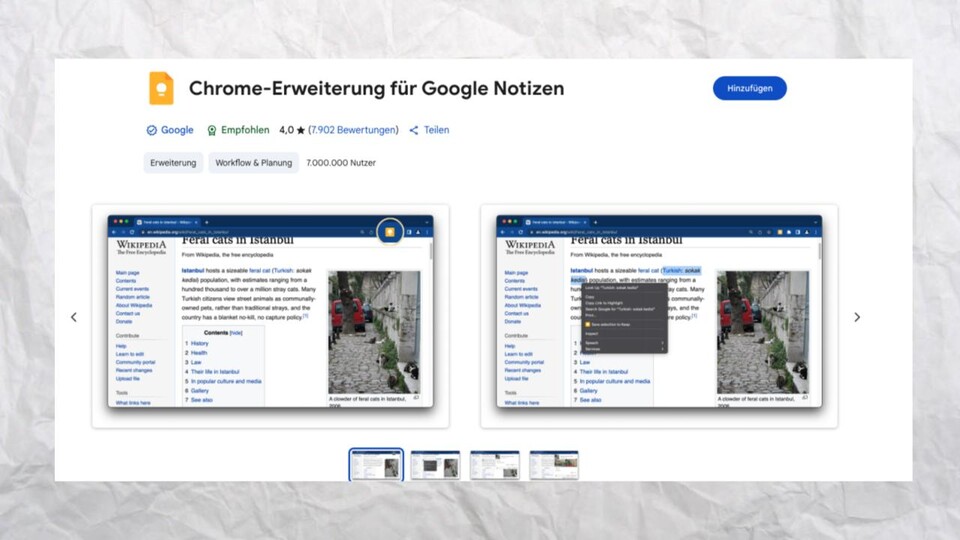 Über die Google-Notizen-Erweiterung könnt ihr zusätzliche Features, wie das schnelle Speichern von Links einfacher machen.