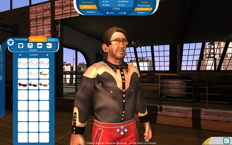 Der Charaktereditor erinnert frappierend an die Sims. Doch statt zig Sonnenbrillen hätten wir lieber mehr Gebäudetypen gehabt.