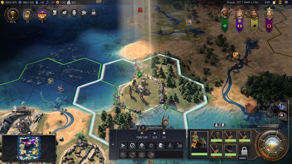 Unten rechts könnt ihr sehen, dass sich die Siedler unserer Armee angeschlossen haben. Der Heerführer kann allerdings eigentlich nur vier Soldaten aufnehmen.