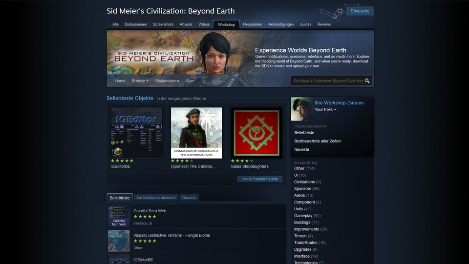 Auf der von uns verlinkten Seite des Steam Workshops lassen sich unterschiedliche Modifikationen für Beyond Earth auswählen – via Webbrowser und auch von unterwegs ist die Seite bequem nutzbar.
