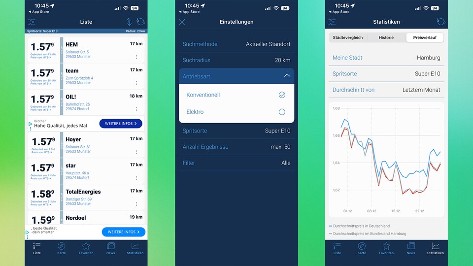Clever-Tanken zeigt die günstigsten Benzinpreise in der Umgebung und bietet daneben noch einige nützliche Funktionen. (Bildquelle: GameStar Tech)