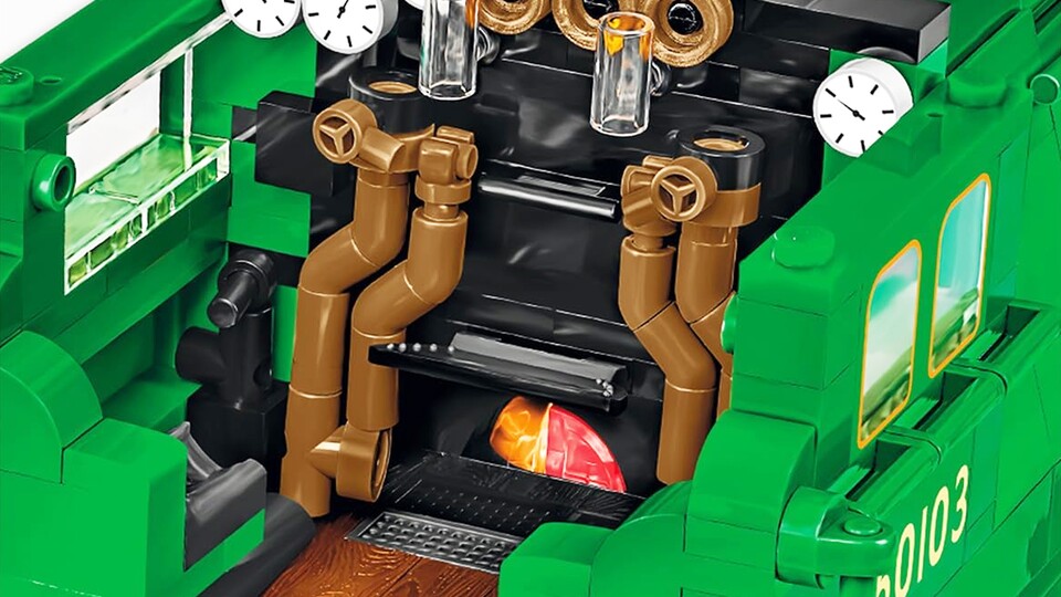 Im Führerhäuschen sieht man den Detailreichtum anhand von bedruckten Druckreglern und detailliert texturierten Holzbalken.