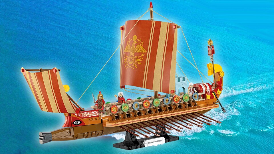 Ein rotes Segel mit dem römischen Adler und einem SPQR. Ein richtig schöner Anblick, das Kriegsschiff.