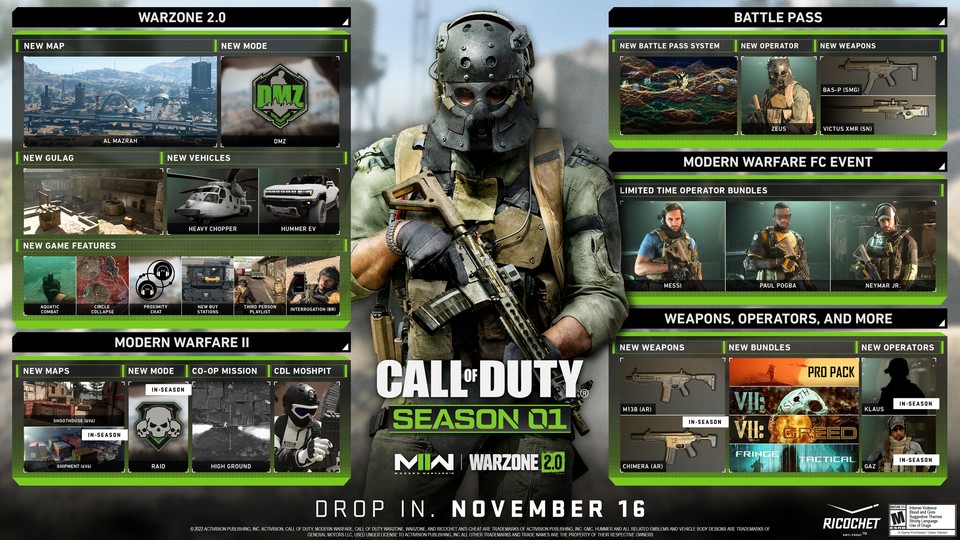 Call of Duty Modern Warfare 2 startete kurz nach dem Release in die neue Season 1. Dieses Bild zeigt die wichtigsten neuen Inhalte auf einen einzigen Blick.