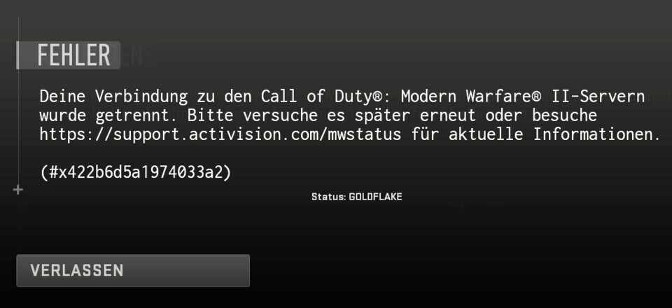 Der Status: Goldflake verhindert, dass Spieler CoD Warzone 2 + MW2 spielen könne.