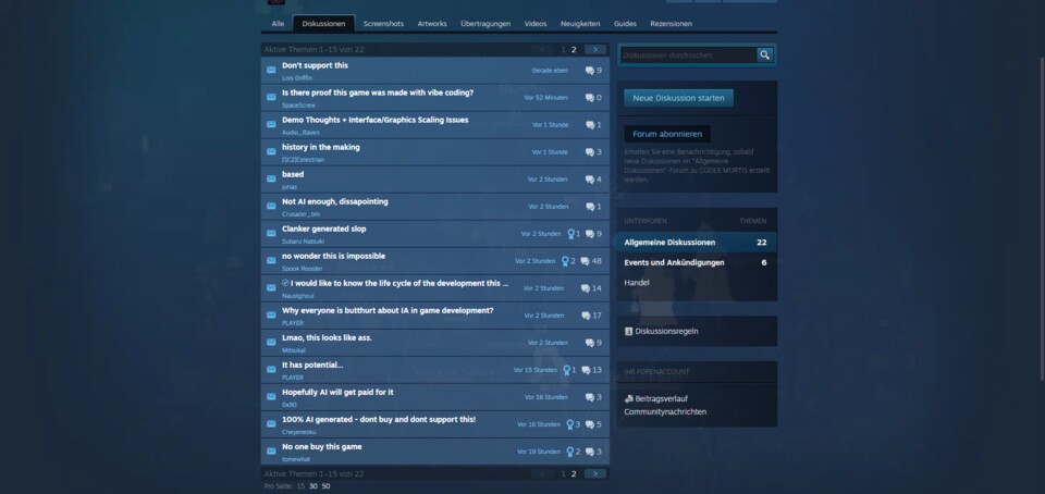 Die Stimmung im Steam-Forum des Spiels ist eindeutig.
