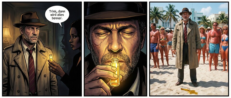 Nano Banana Pro hat auf Grundlage des Prompts einen dreiteiligen Comic generiert.