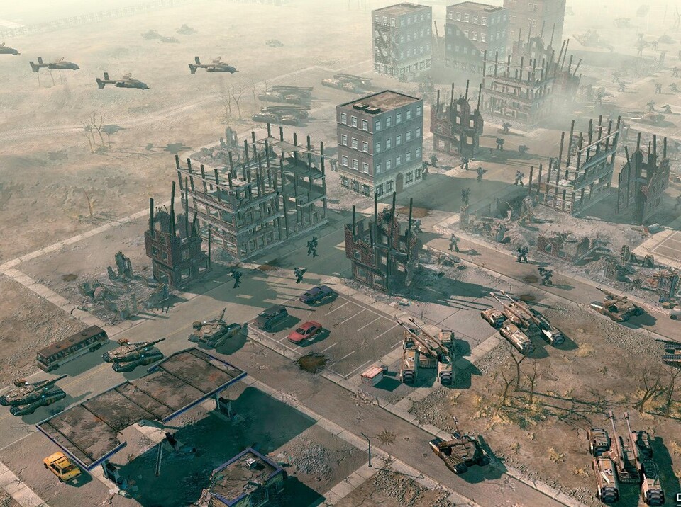 Die GDI zieht Truppen in einer Ruinenstadt zusammen. Links oben: Orca-Schweber.