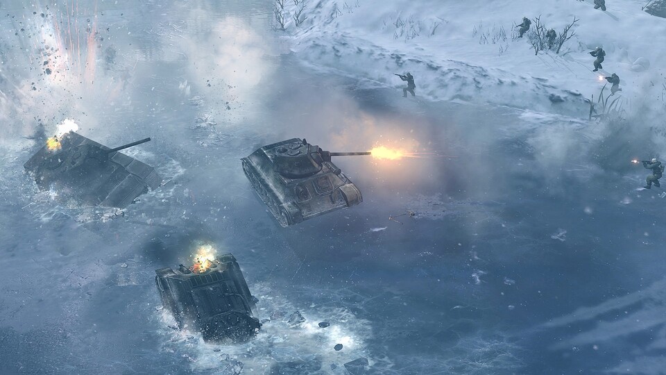Nach feindlichem Artilleriebeschuss brechen zwei unserer Kampfpanzer auf dem zugefrorenen See ein. 