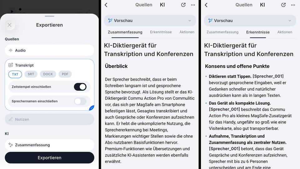 Der Export des Transkripts (links) könnte nicht einfacher sein. Dank KI spart man extrem viel Zeit bei der Nachbearbeitung (Mitte und rechts).