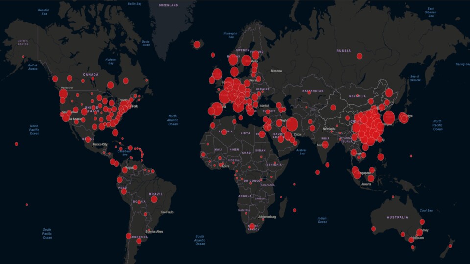Screenshot der Livekarte zu den bestätigten Coronavirus-Fällen weltweit. (Bildquelle: Johns Hopkins University)