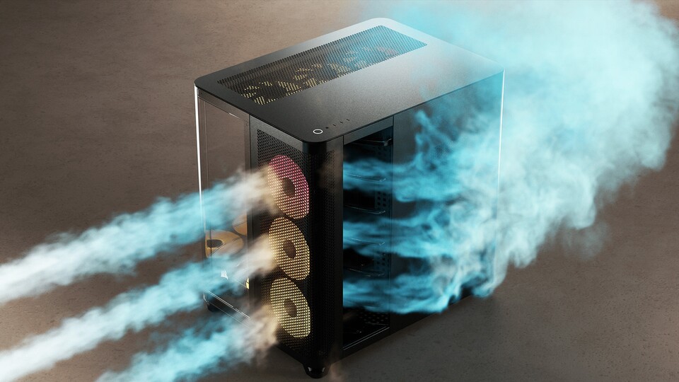 Vorne wird kühle Luft angesaugt, durch den Radiator für die CPU gespült und dann auf der Rückseite des Gehäuses wieder herausghepustet.