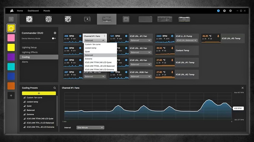 In der iCUE-Software von Corsair kann man die Daten nicht nur einfach ablesen, sondern das Verhalten direkt einstellen.