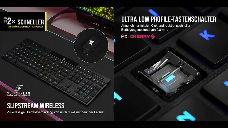 Präzision auf kleinstem Raum: Die Cherry MX Ultra Low Profile-Schalter bieten euch ein direktes, taktiles Feedback bei einem extrem kurzen Auslöseweg von nur 0,8 mm.