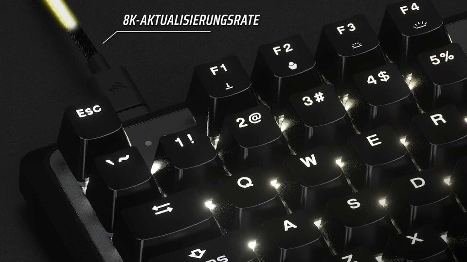 K70 PRO TKL im Detail: Die magnetischen Schalter der Corsair-Tastatur sind vorgeschmiert und für bis zu 150 Millionen Anschläge ausgelegt.