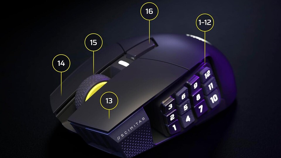 Die seitlichen 12 Tasten der Corsair Scimitar Elite Wireless SE liefern euch enormen Spielraum für all eure Aktions-Buttons in eurem Lieblings-MMO.