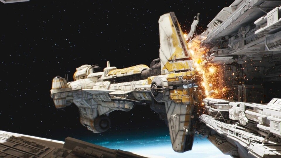 Eine Hammerhead-Korvette rammt einen Sternenzerstörer des Imperiums.