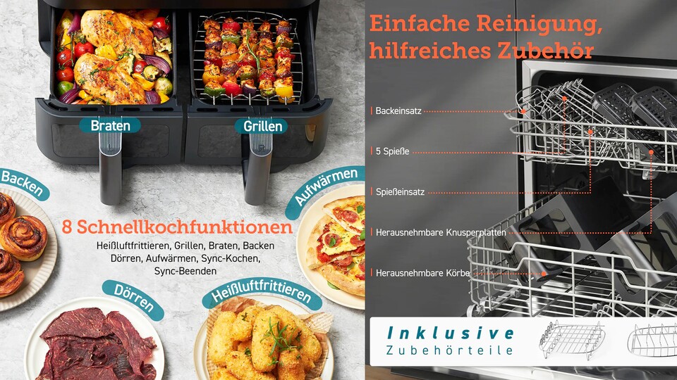 Sechs Koch-Programme und zwei Sync-Funktionen machen den Cosori Dual Basket zu einer richtig vielseitigen Maschine.