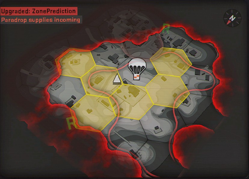 Die Übersichtskarte zeigt die kleiner werdende Zone, gelbe Hexfelder bedeuten Spieleraktivitäten in der Umgebung.