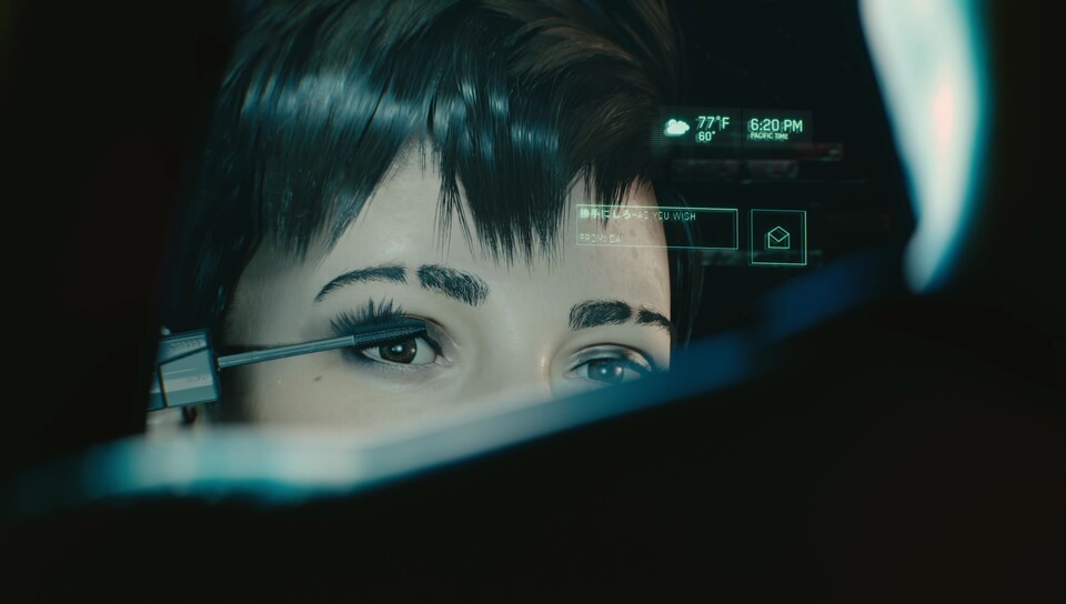 Zu den optischen und technischen Auffälligkeiten des Trailers zu Cyberpunk 2077 zählen unter anderem sehr feinteilige und bewegliche Haarprachten.